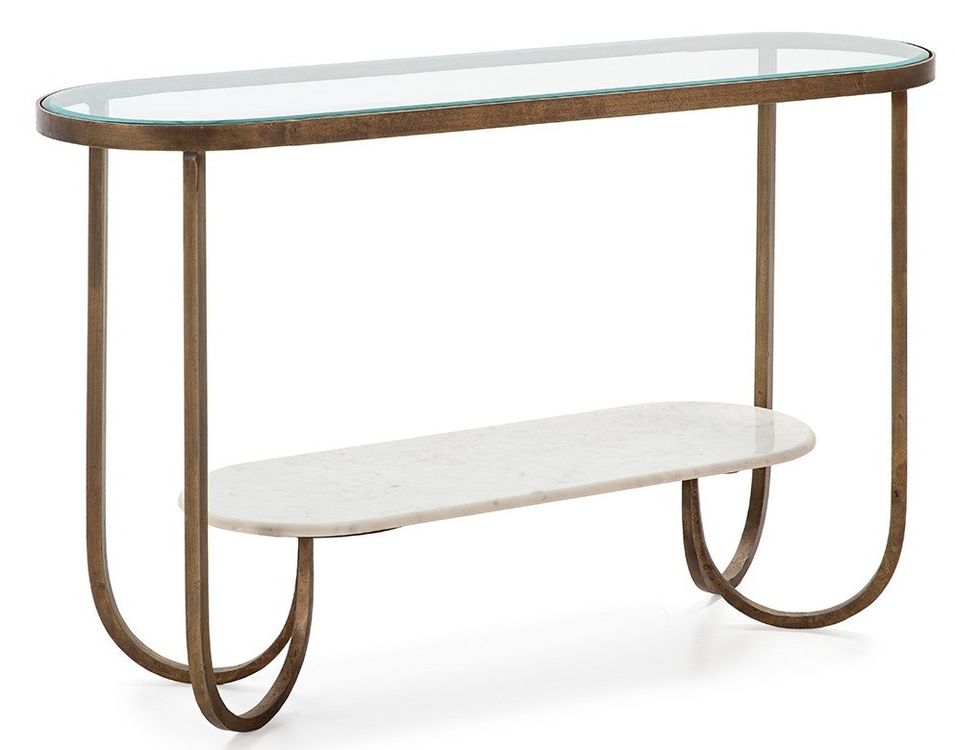 Console verre trempé marbre blanc et pieds métal doré Sia 122 cm - Photo n°1