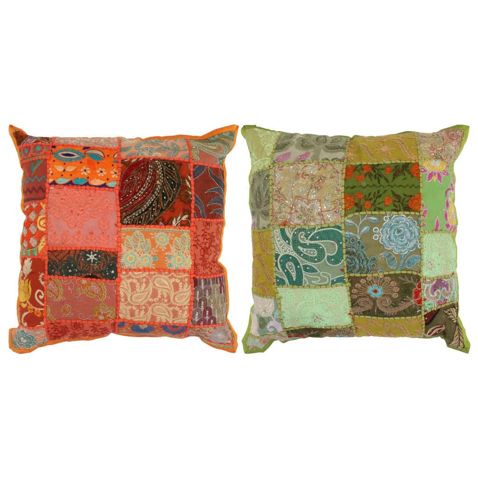 Coussin Patchwork 2 pcs fait à la main 45 x 45 cm Orange/Vert - Photo n°1