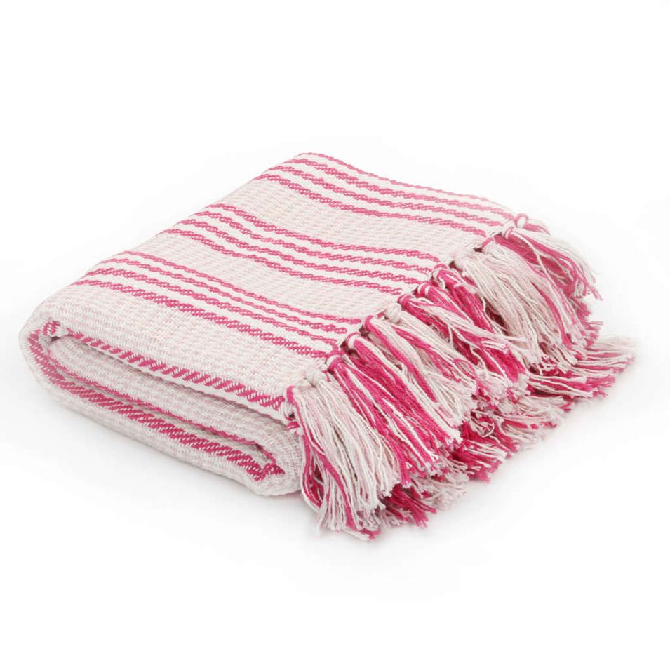 Couverture coton à rayures 160 x 210 cm Rose et Blanc - Photo n°1