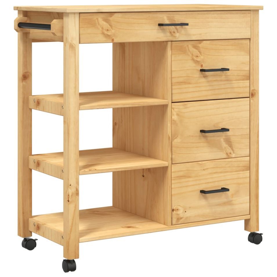 Desserte de cuisine en Pin massif Kitcha 84 cm - 4 tiroirs et 3 étagères - Photo n°1
