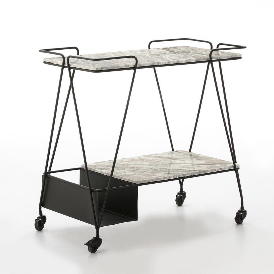 Desserte sur roulettes 2 plateaux marbre blanc et métal noir Guaie - Photo n°1