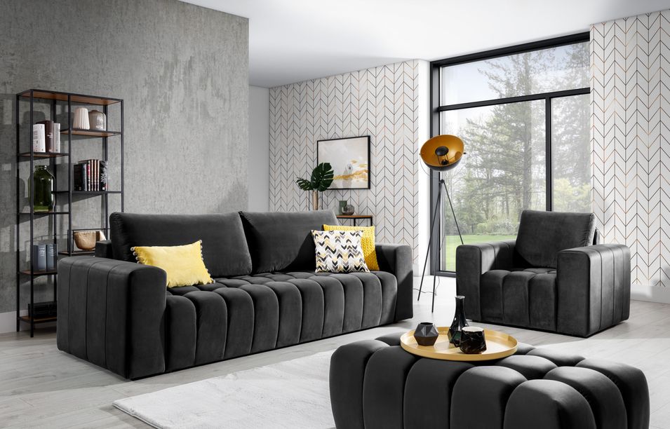 Ensemble 1 canapé convertible + 1 fauteuil + 1 pouf capitonné LARKO velours - Photo n°1