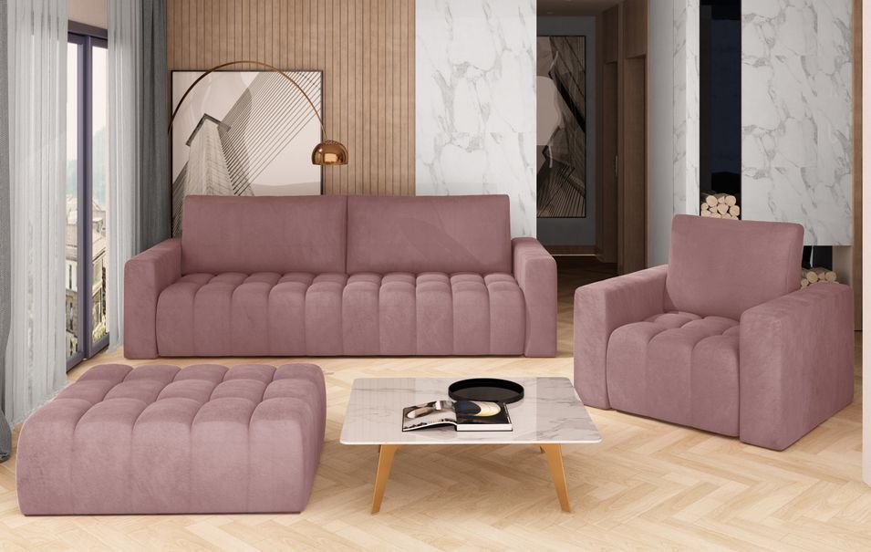 Ensemble 1 canapé convertible + 1 fauteuil + 1 pouf capitonné LARKO velours - Photo n°1