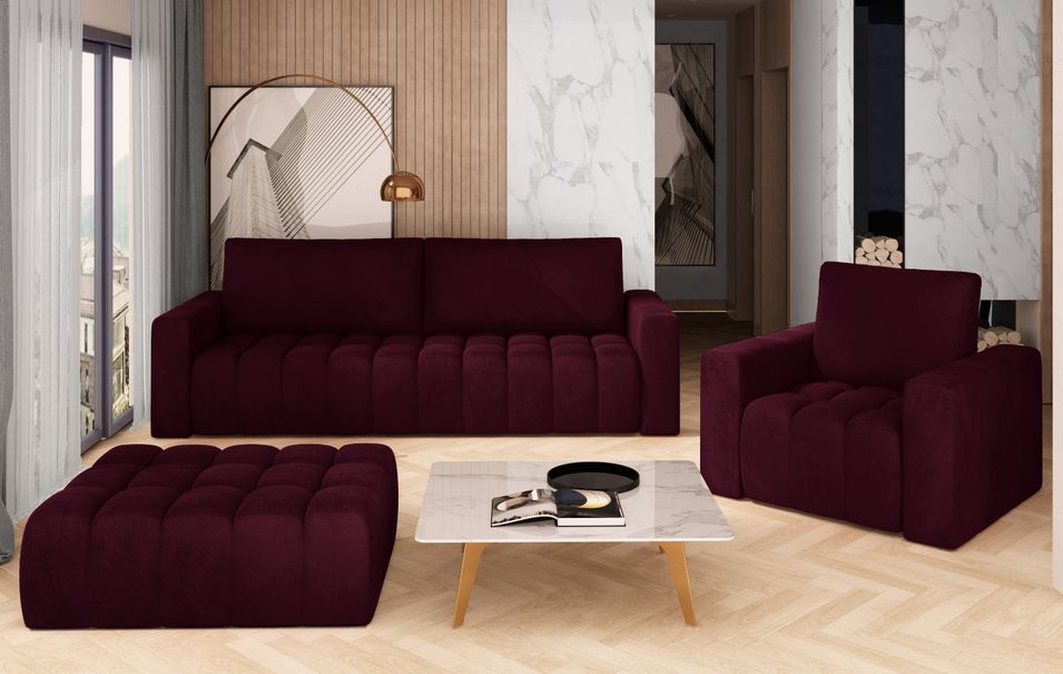 Ensemble 1 canapé convertible + 1 fauteuil + 1 pouf capitonné LARKO velours - Photo n°1