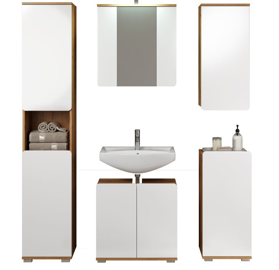 Ensemble 5 pièces de salle de bain blanc brillant et chêne artisanal Klara - Photo n°1