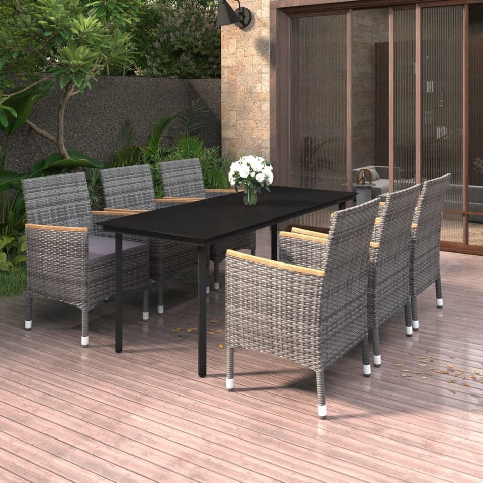 Ensemble à dîner de jardin coussins 7 pcs Résine tressée Verre - Photo n°1