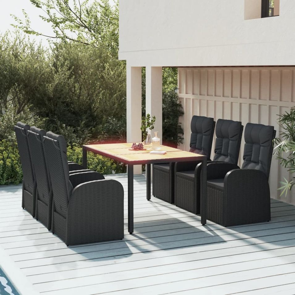 Ensemble à dîner de jardin et coussins 7pcs Noir Résine tressée - Photo n°1