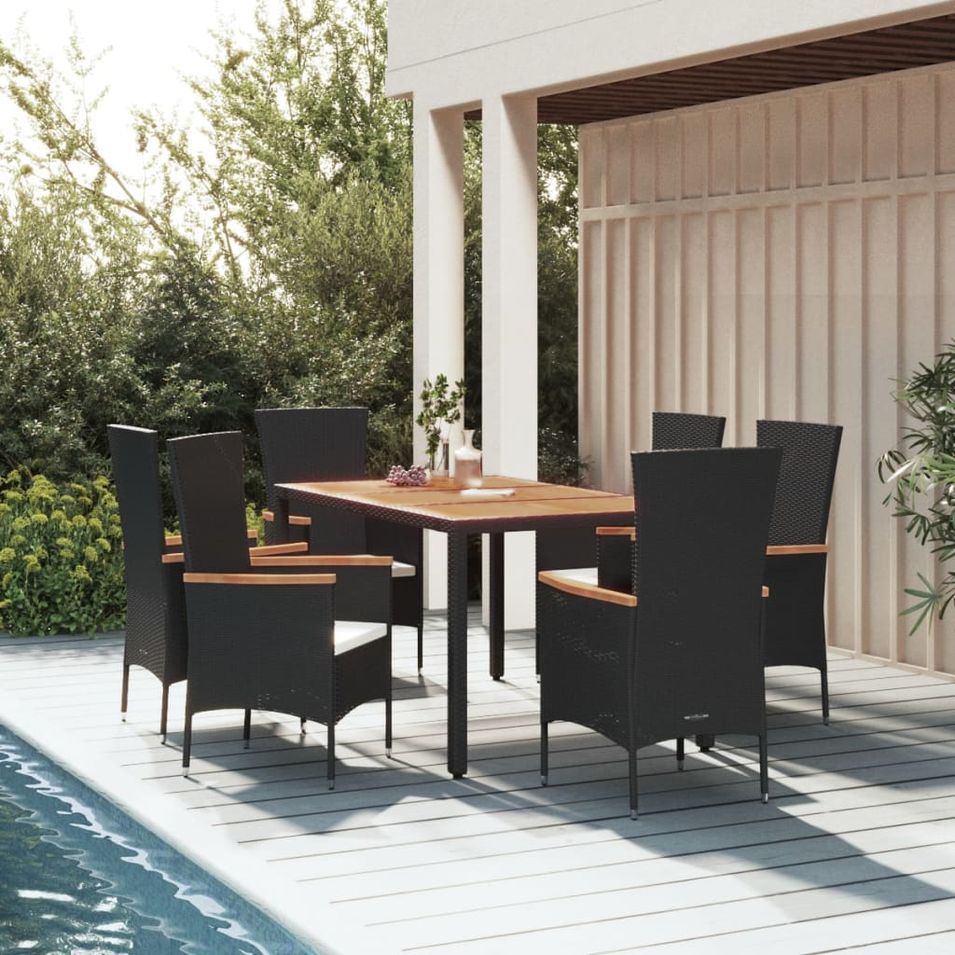 Ensemble à dîner de jardin et coussins 7pcs Noir Résine tressée - Photo n°1