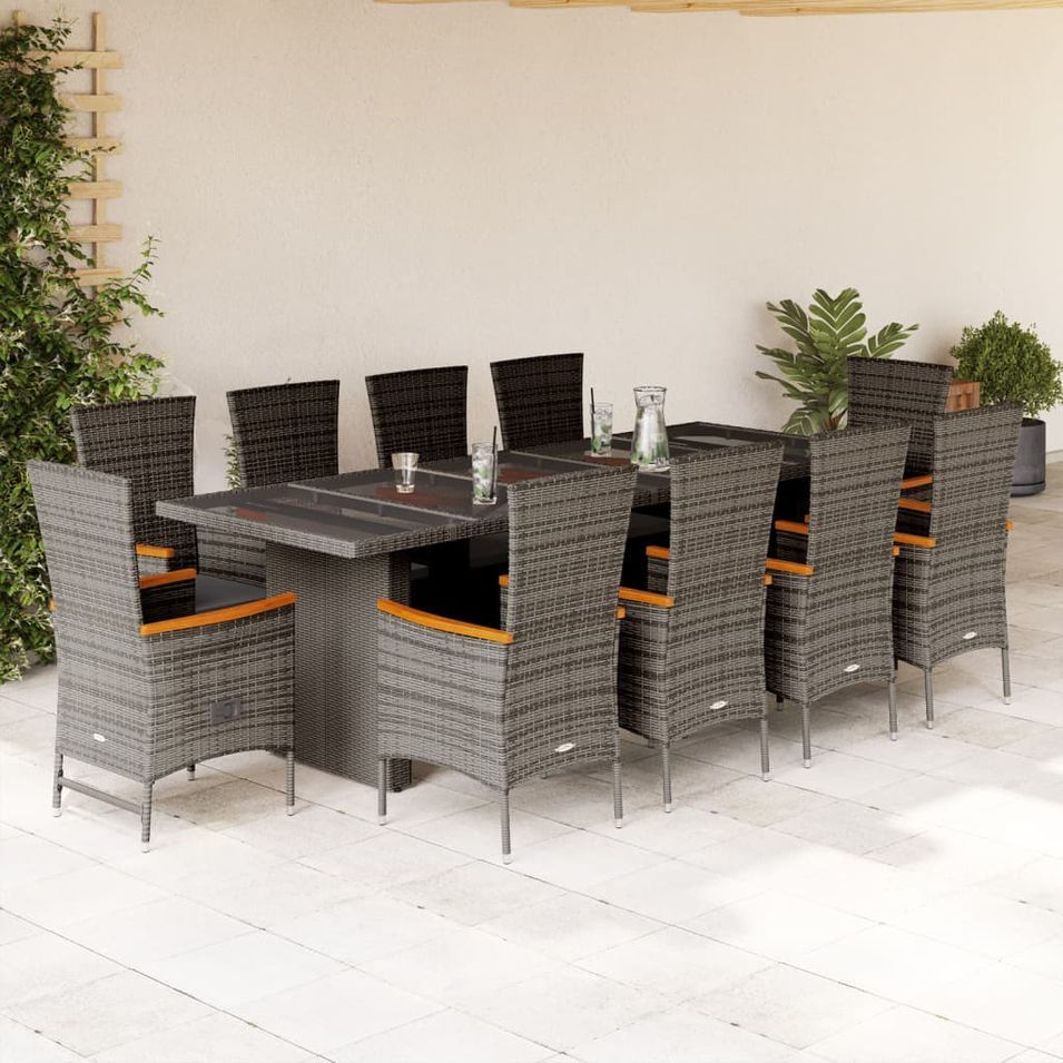 Ensemble à manger de jardin 11pcs avec coussins gris poly rotin - Photo n°1