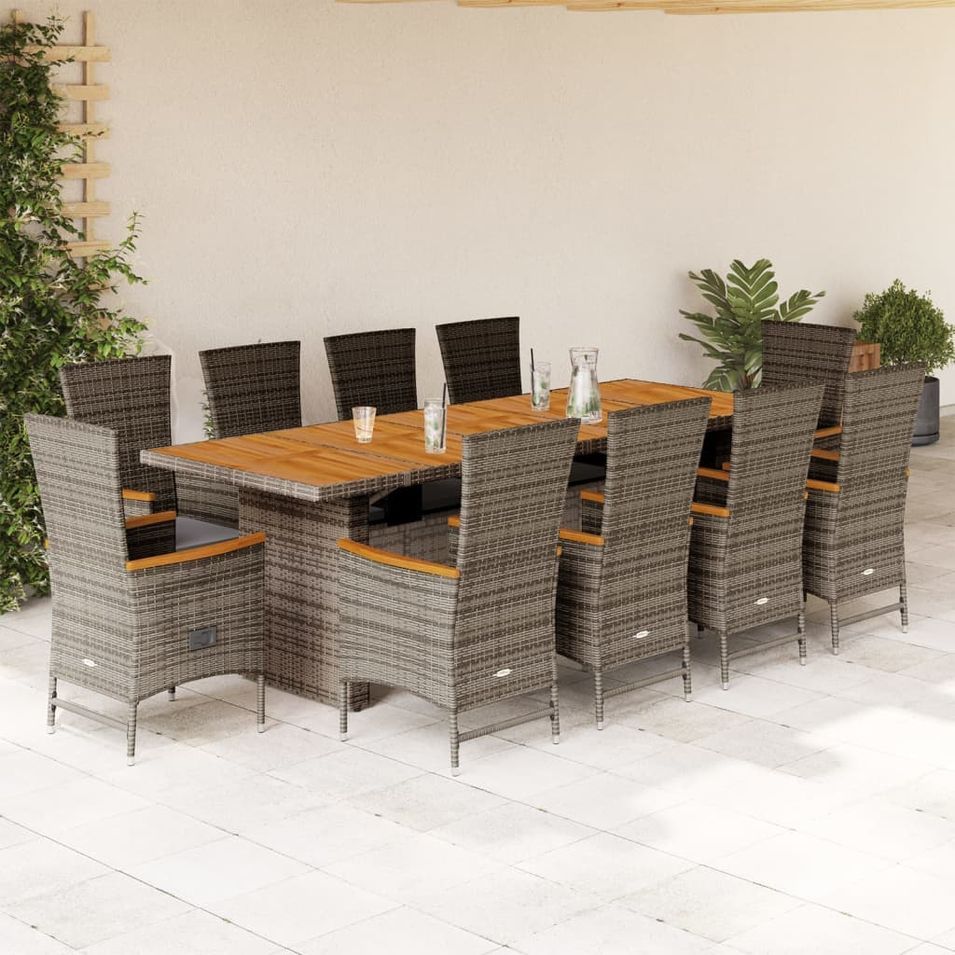 Ensemble à manger de jardin 11pcs avec coussins gris poly rotin - Photo n°1