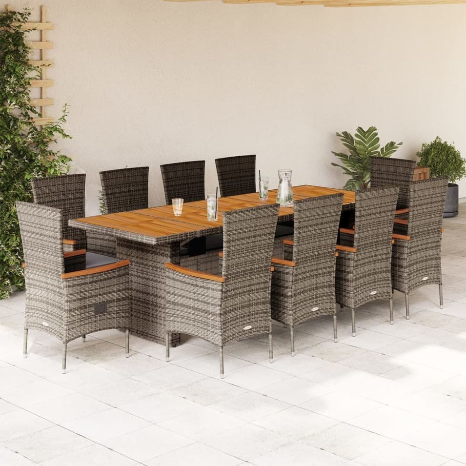 Ensemble à manger de jardin 11pcs avec coussins gris poly rotin - Photo n°1