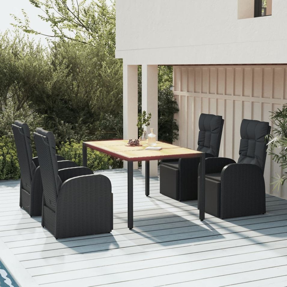 Ensemble à manger de jardin 5pcs Noir Poly rotin et acacia - Photo n°1