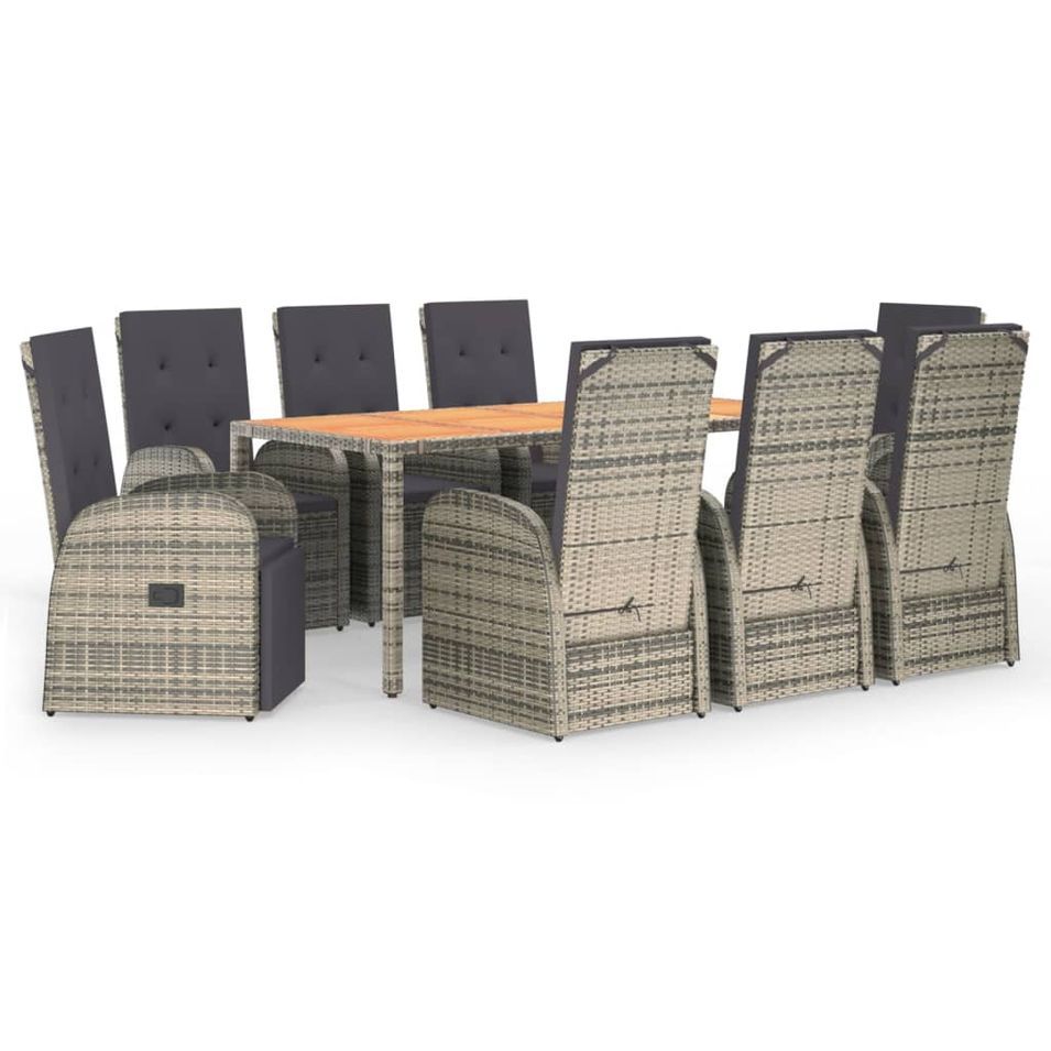 Ensemble à manger de jardin 9 pcs coussins gris résine tressée - Photo n°1