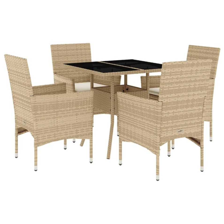 Ensemble à manger de jardin et coussins 5 pcs beige rotin verre - Photo n°1