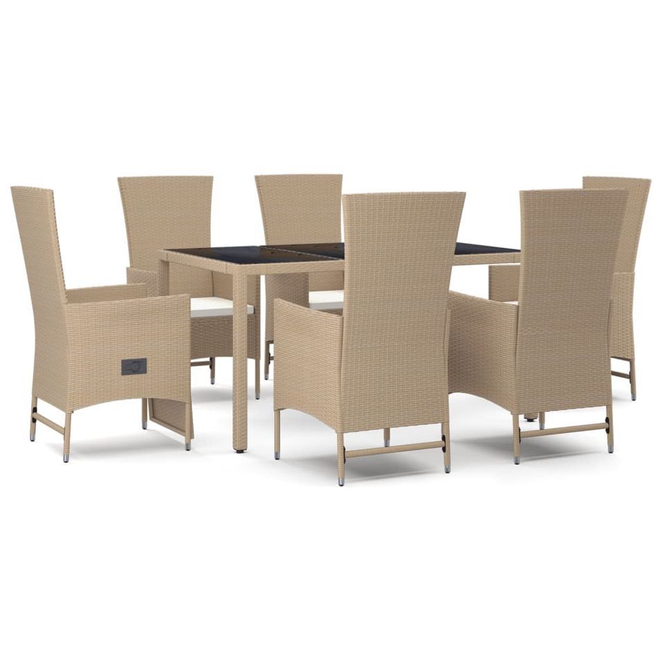 Ensemble à manger de jardin et coussins 7 pcs beige poly rotin - Photo n°1