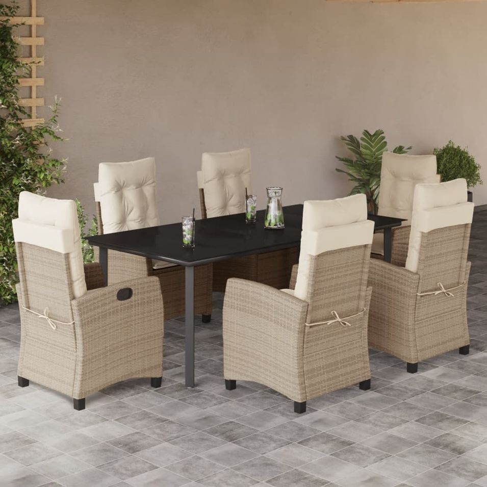 Ensemble à manger de jardin et coussins 7 pcs beige poly rotin - Photo n°1