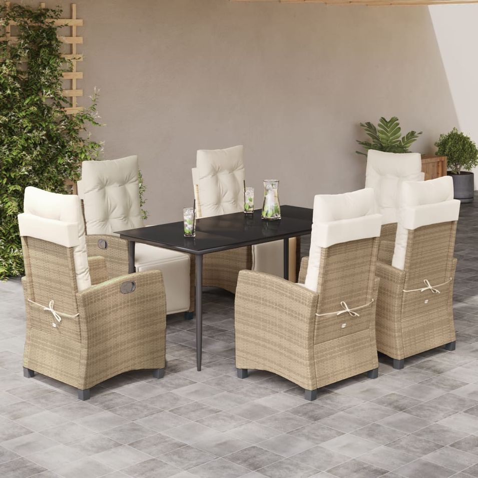 Ensemble à manger de jardin et coussins 7 pcs beige poly rotin - Photo n°1