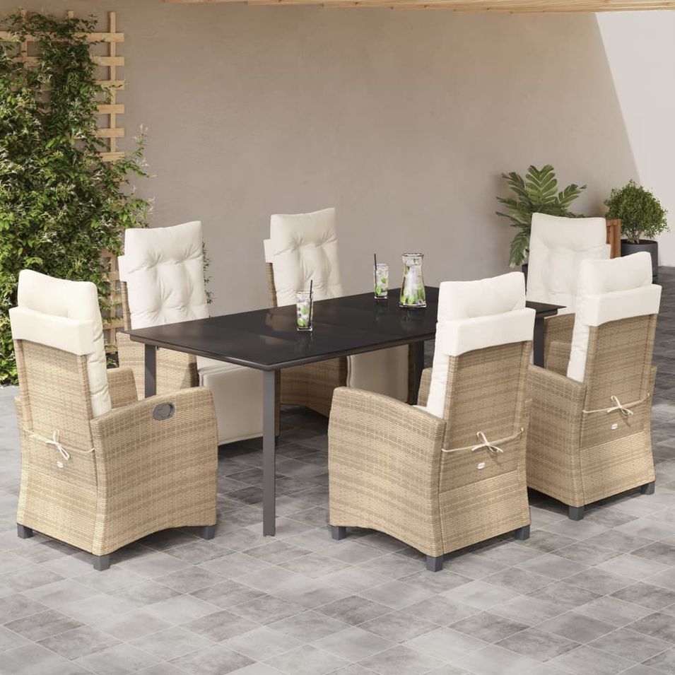 Ensemble à manger de jardin et coussins 7 pcs beige poly rotin - Photo n°1