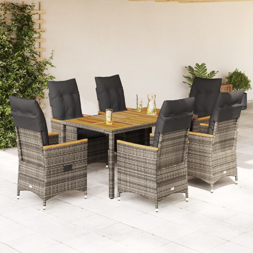 Ensemble à manger de jardin et coussins 7 pcs gris rotin - Photo n°1