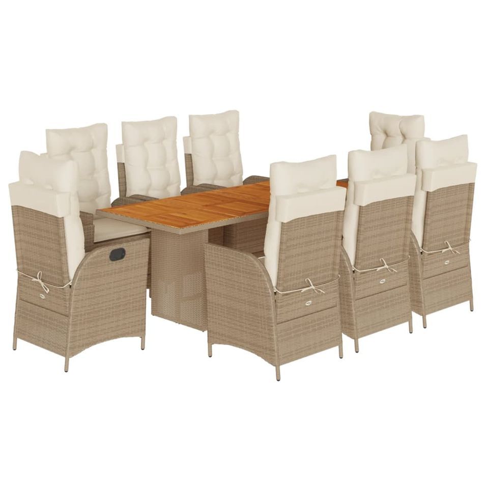 Ensemble à manger de jardin et coussins 9 pcs beige Poly rotin - Photo n°1