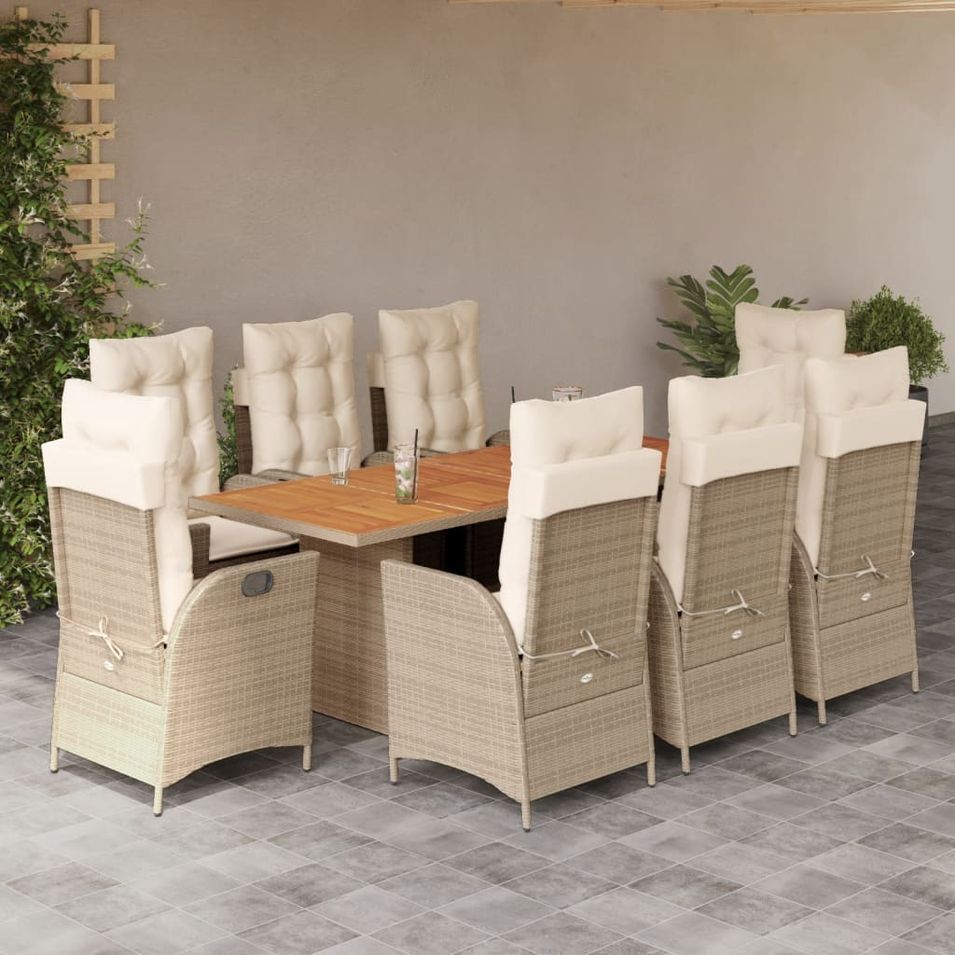 Ensemble à manger de jardin et coussins 9 pcs beige Poly rotin - Photo n°1