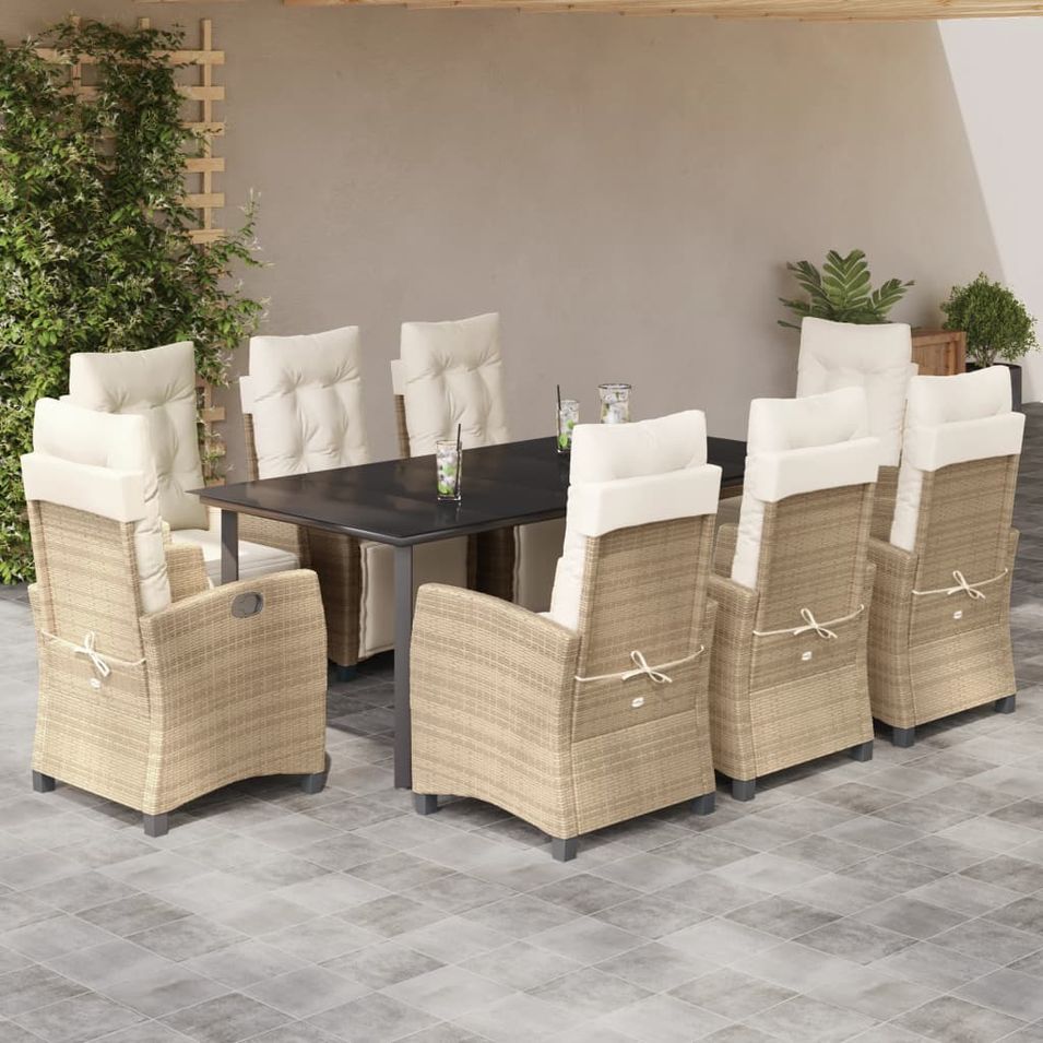Ensemble à manger de jardin et coussins 9 pcs beige Poly rotin - Photo n°1