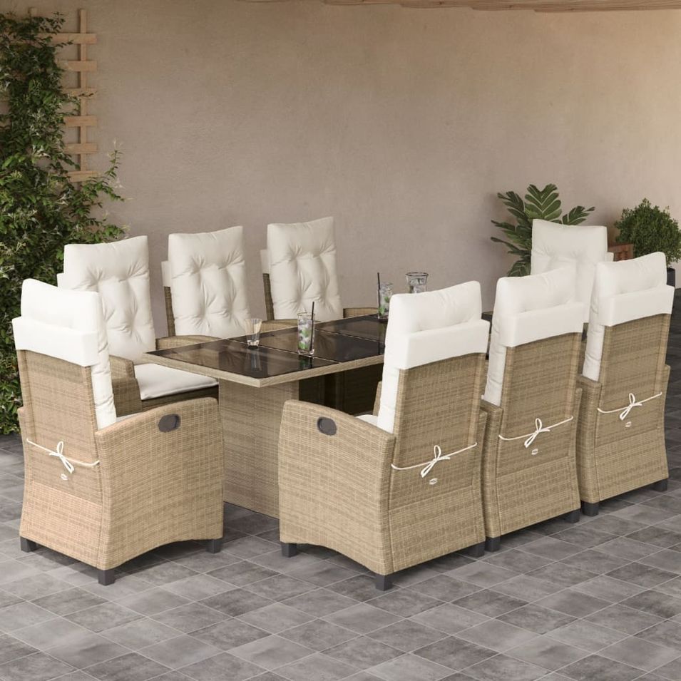 Ensemble à manger de jardin et coussins 9 pcs beige Poly rotin - Photo n°1