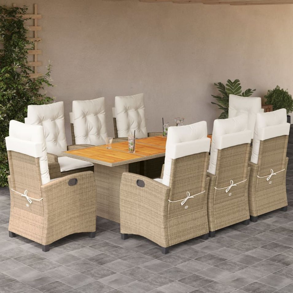 Ensemble à manger de jardin et coussins 9 pcs beige Poly rotin - Photo n°1