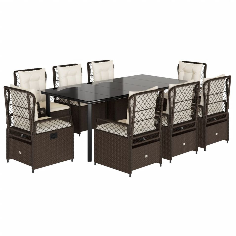 Ensemble à manger de jardin et coussins 9 pcs marron poly rotin - Photo n°1