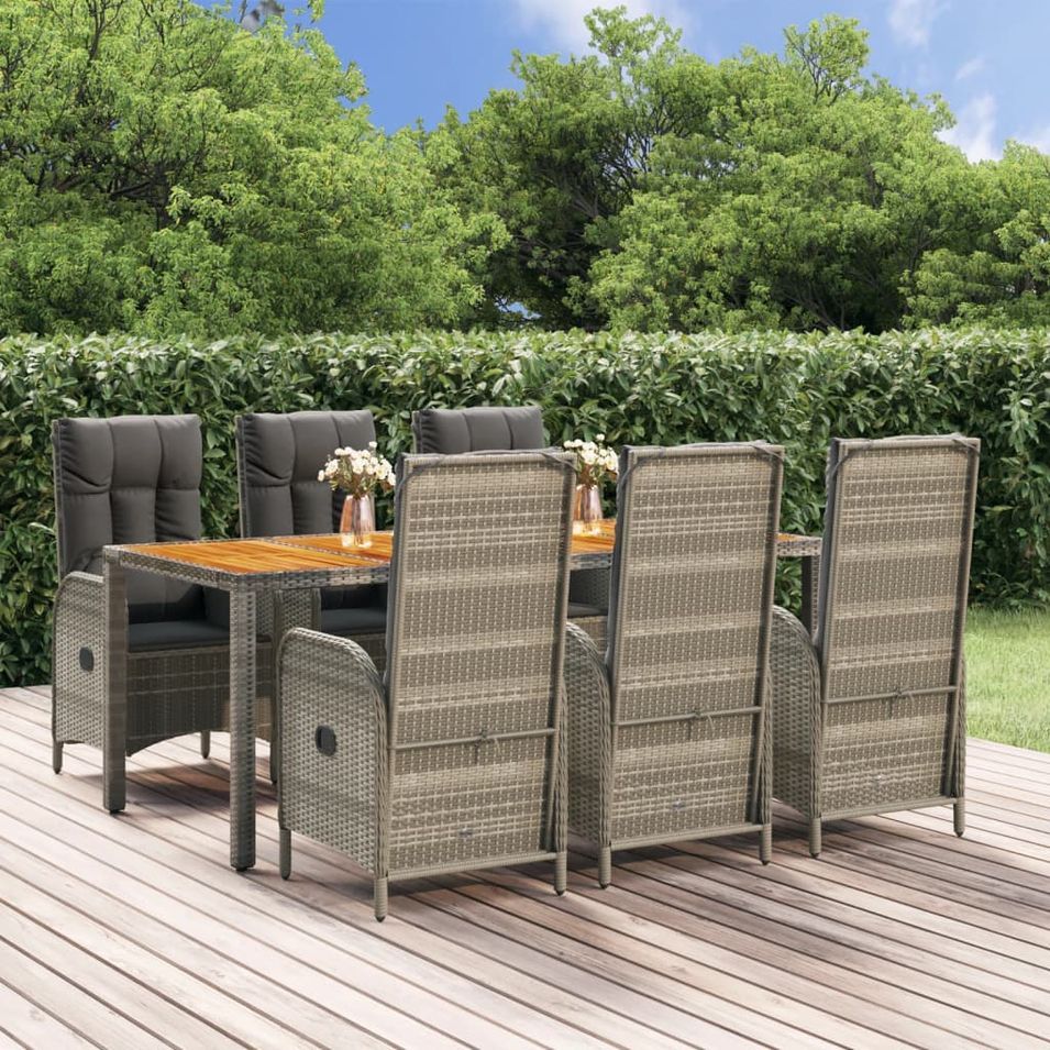Ensemble à manger jardin et coussins 7 pcs gris rotin - Photo n°1