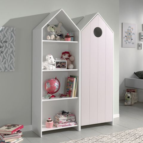 Ensemble armoire bibliothèque bois laqué rose et blanc Camila - Photo n°1