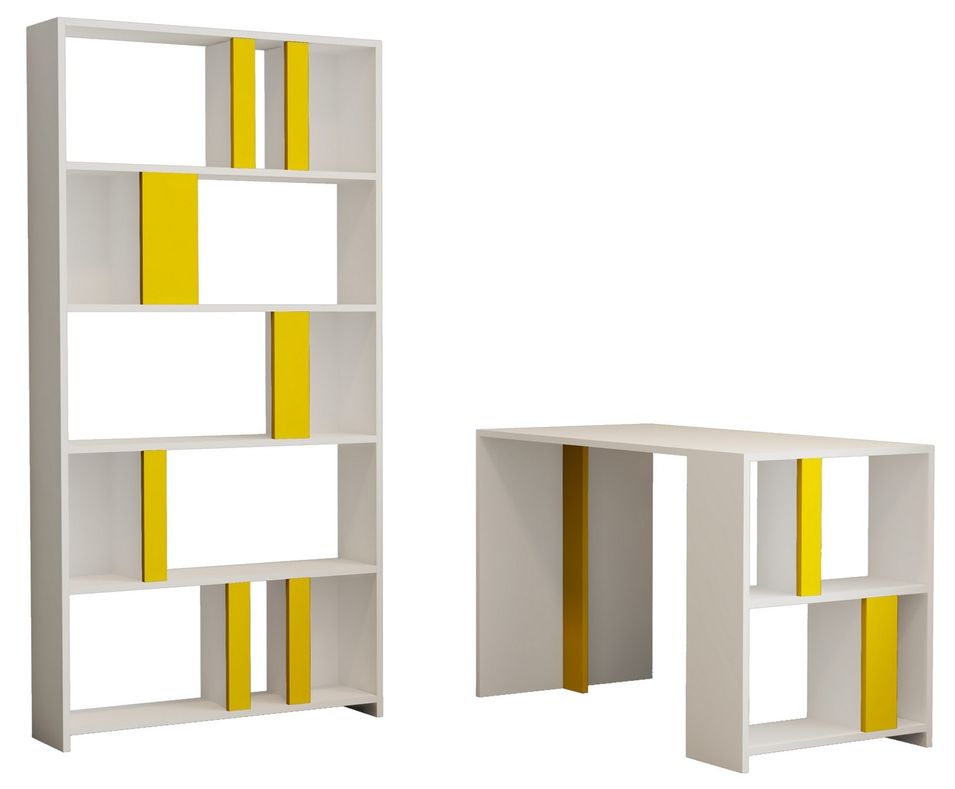 Ensemble bureau et bibliothèque bois blanc et jaune Kima - Photo n°1