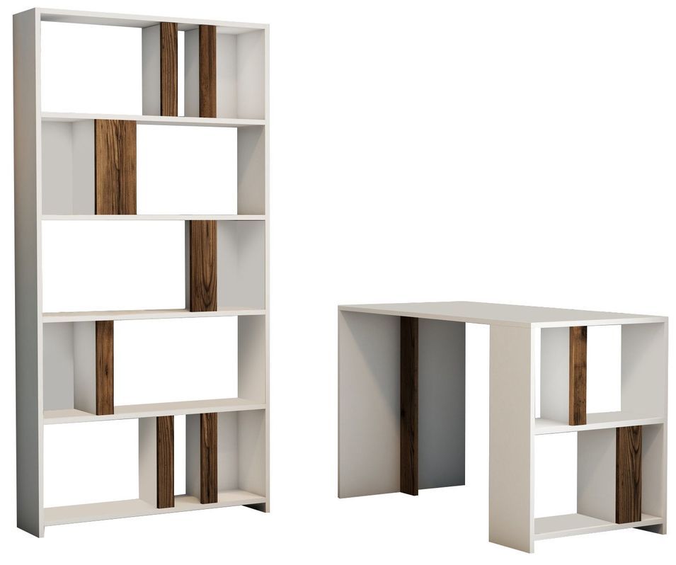 Ensemble bureau et bibliothèque bois blanc et noyer Kima - Photo n°1
