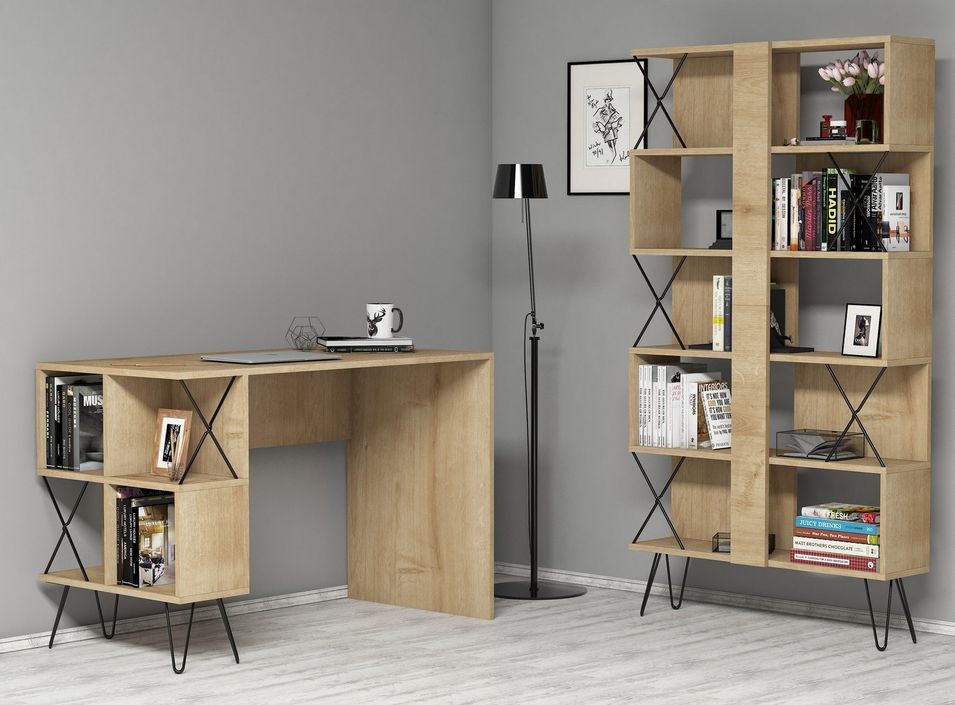 Ensemble bureau et bibliothèque bois clair et noir Ditra - Photo n°1