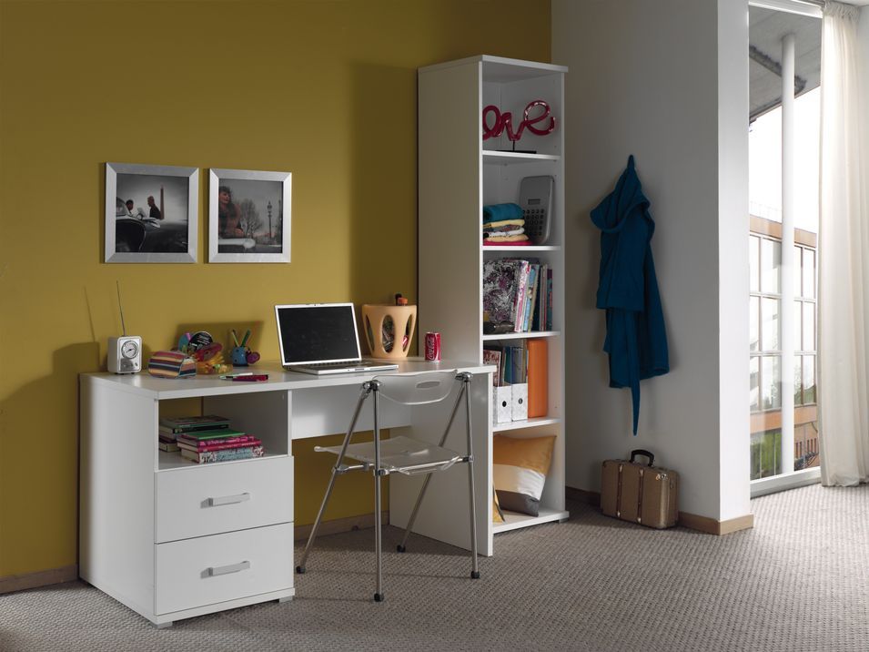 Ensemble bureau et bibliothèque bois laqué blanc Milani - Photo n°1