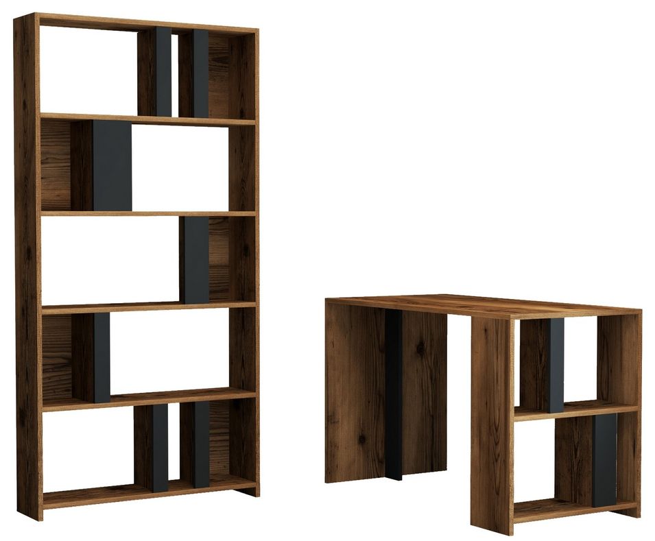 Ensemble bureau et bibliothèque bois noyer et anthracite Kima - Photo n°1