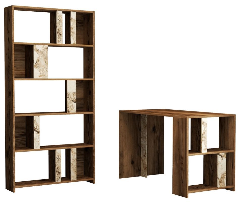 Ensemble bureau et bibliothèque bois noyer et blanc effet marbre Kima - Photo n°1
