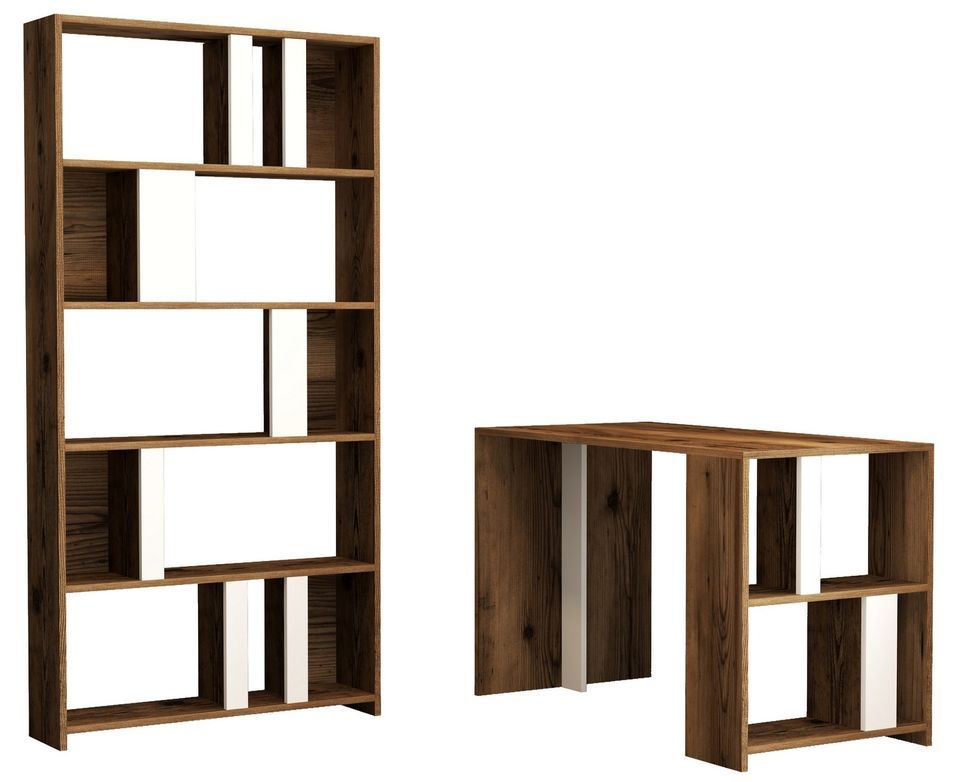 Ensemble bureau et bibliothèque bois noyer et blanc Kima - Photo n°1