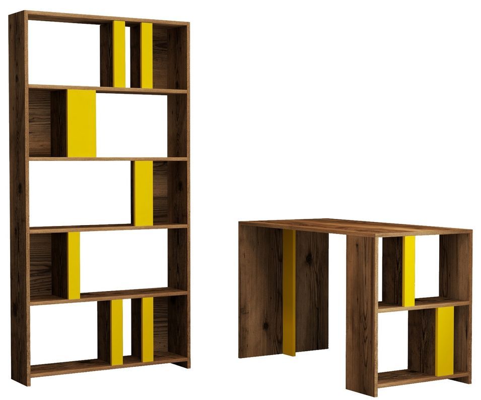 Ensemble bureau et bibliothèque bois noyer et jaune Kima - Photo n°1
