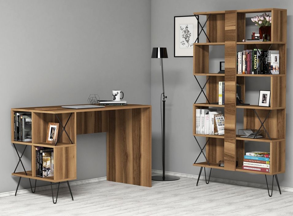 Ensemble bureau et bibliothèque bois noyer et noir Ditra - Photo n°1