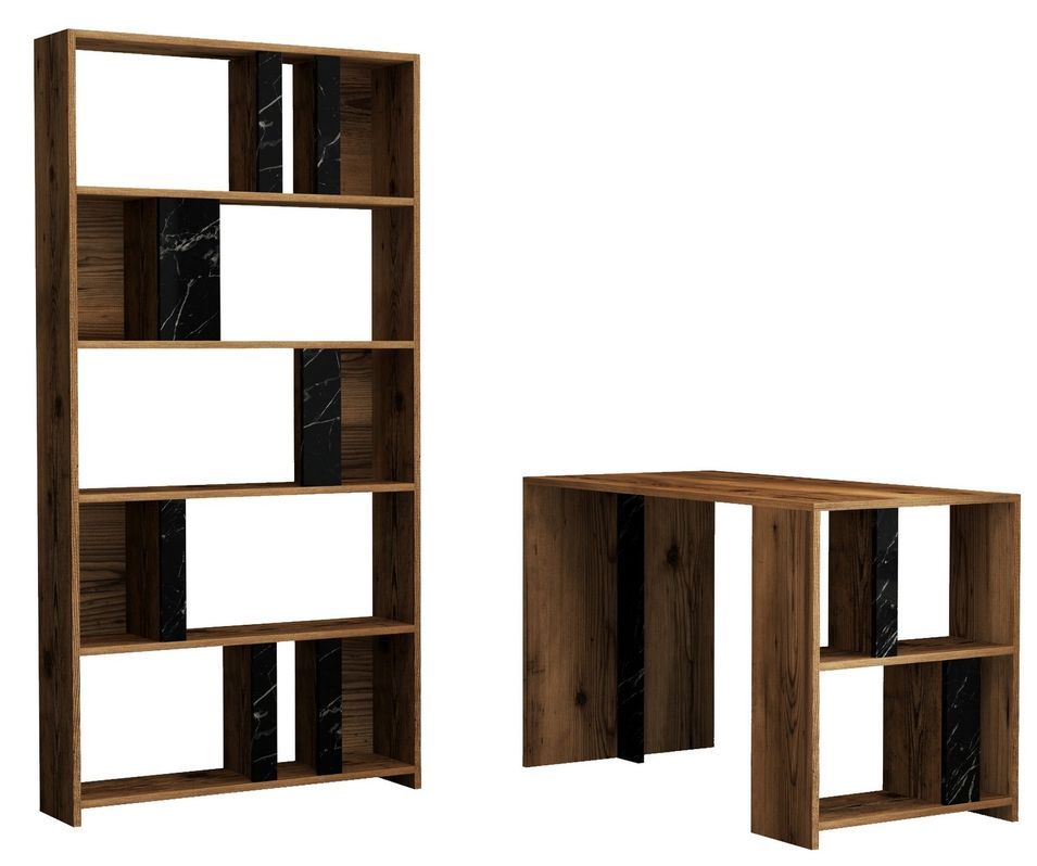 Ensemble bureau et bibliothèque bois noyer et noir effet marbre Kima - Photo n°1