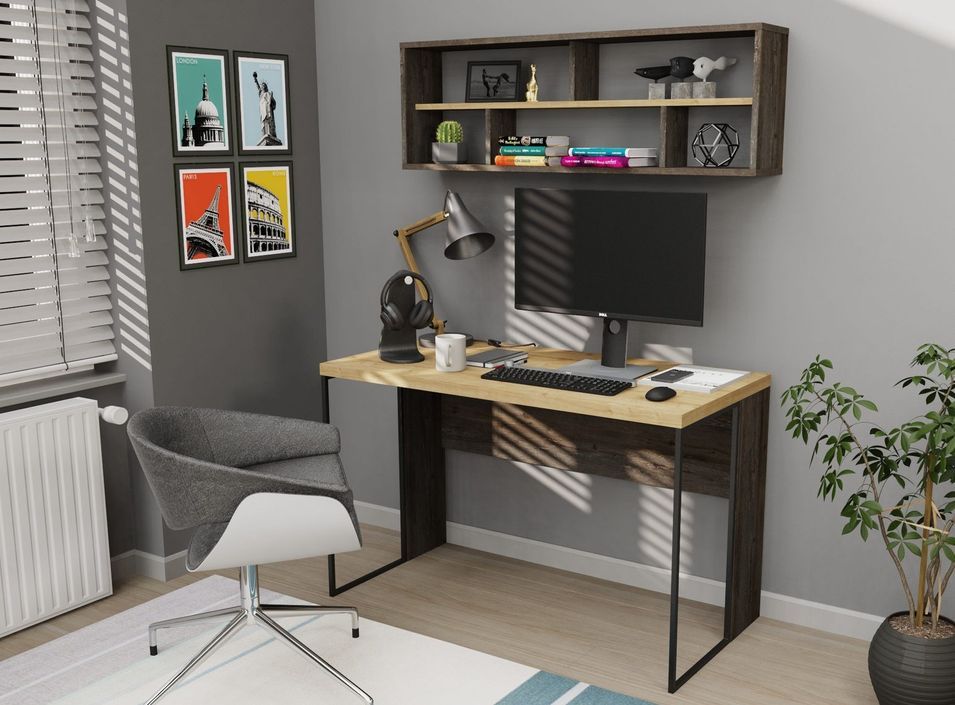Ensemble bureau et étagère murale bois clair et marron Kasper 120 cm - Photo n°1