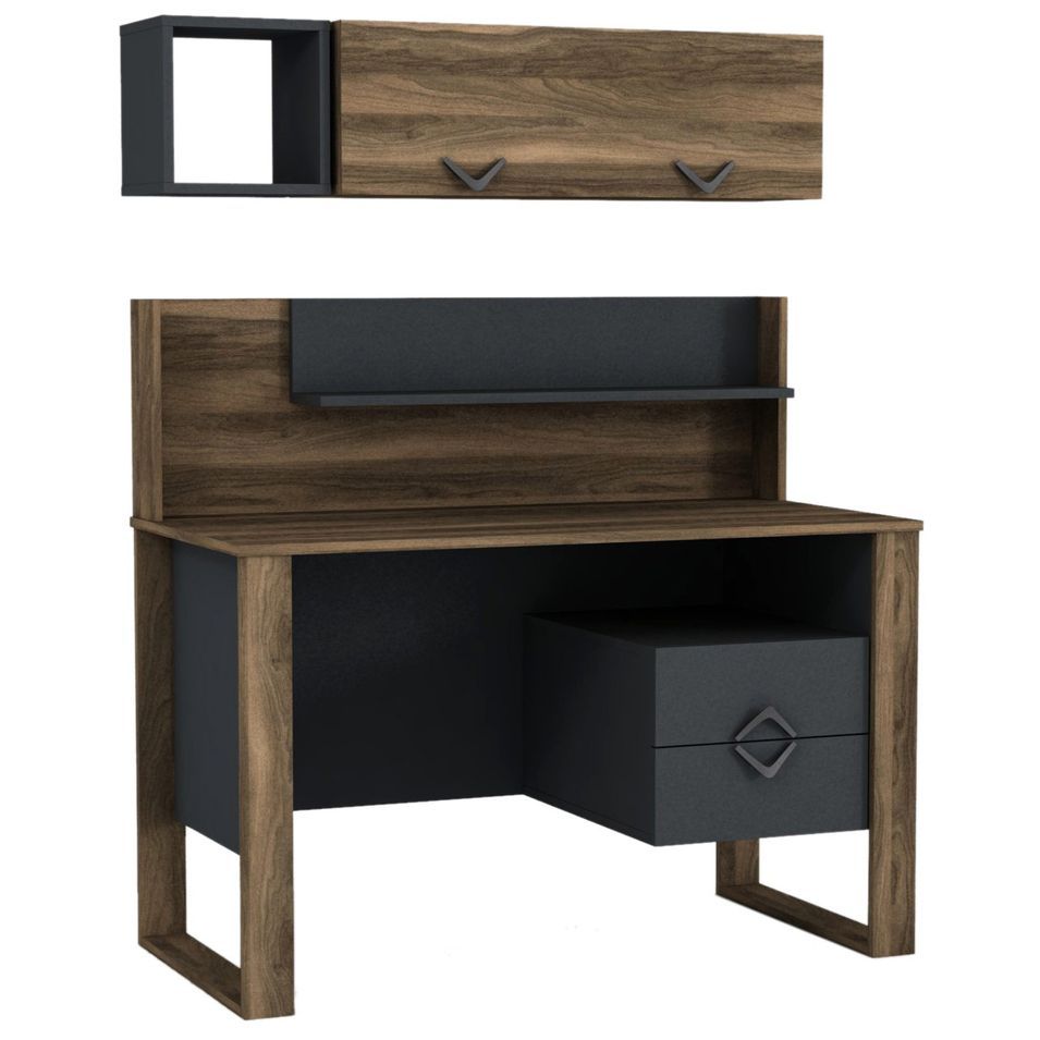 Ensemble bureau et étagère murale bois foncé et anthracite Luko 120 cm - Photo n°1