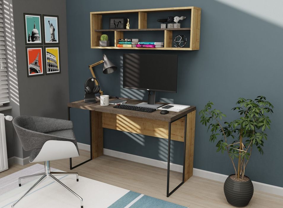 Ensemble bureau et étagère murale bois marron et bois clair Kasper 120 cm - Photo n°1