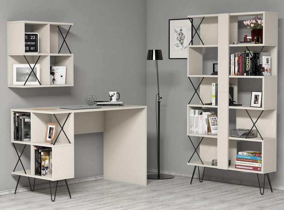 Ensemble bureau étagère et bibliothèque beige clair et noir Ditra - Photo n°1