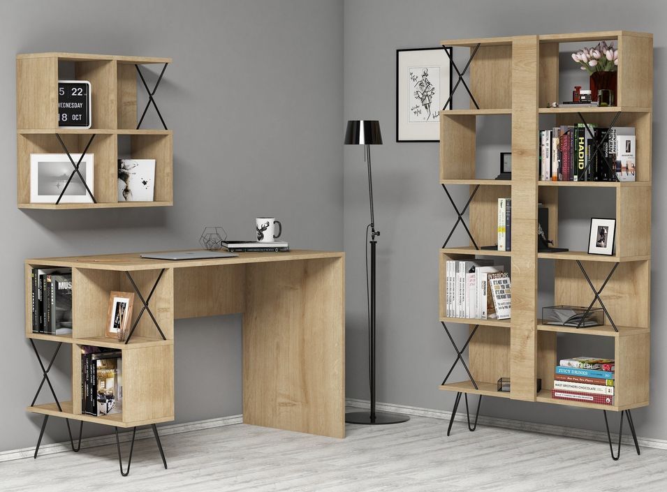 Ensemble bureau étagère et bibliothèque bois clair et noir Ditra - Photo n°1