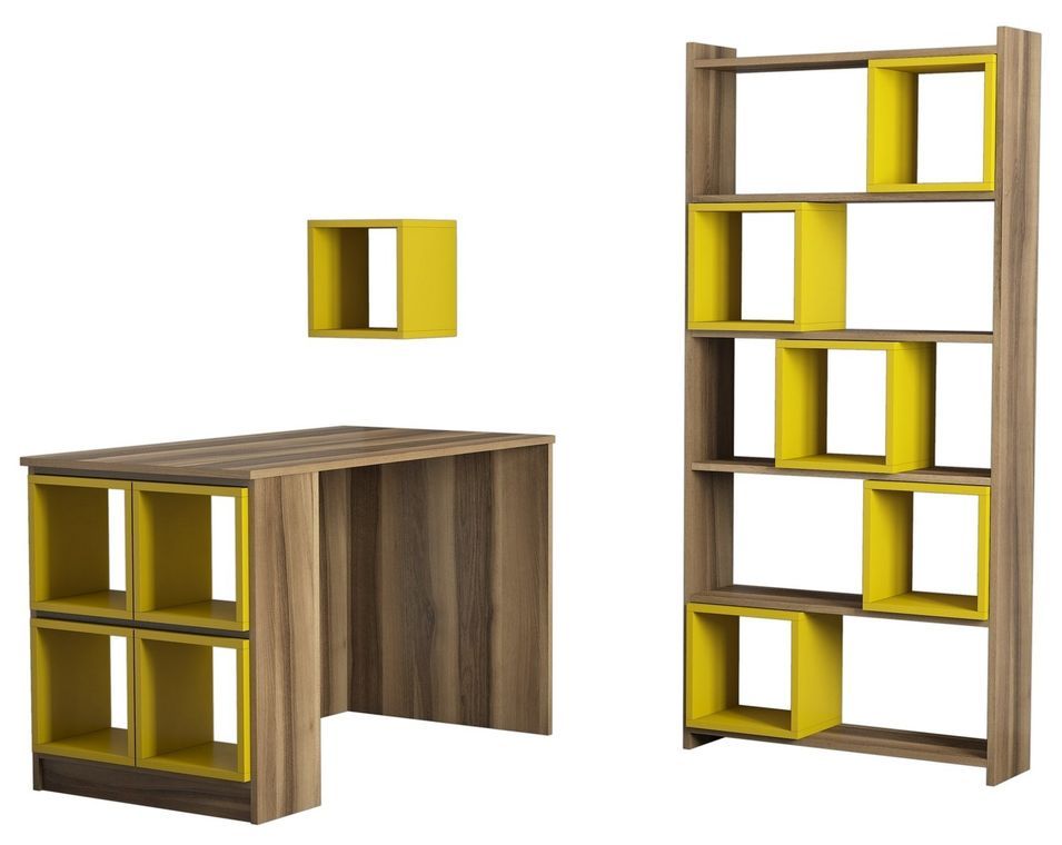 Ensemble bureau étagère et bibliothèque bois noyer et jaune Burano - Photo n°1