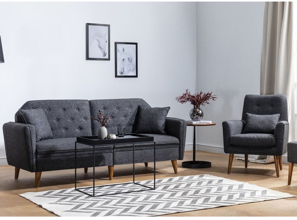Ensemble Canapé 3 places convertible et 1 fauteuil tissu anthracite Touka - Photo n°1