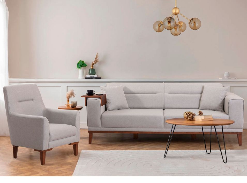 Ensemble canapé 3 places convertible et 1 fauteuil tissu beige clair Brika - Photo n°1