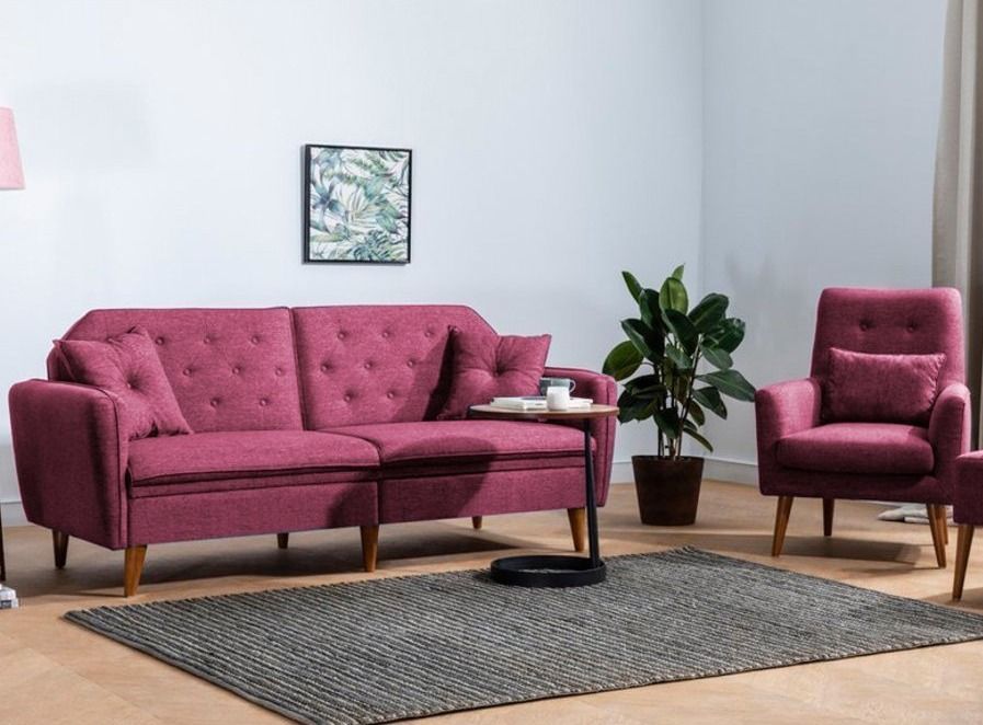 Ensemble Canapé 3 places convertible et 1 fauteuil tissu bordeaux Touka - Photo n°1